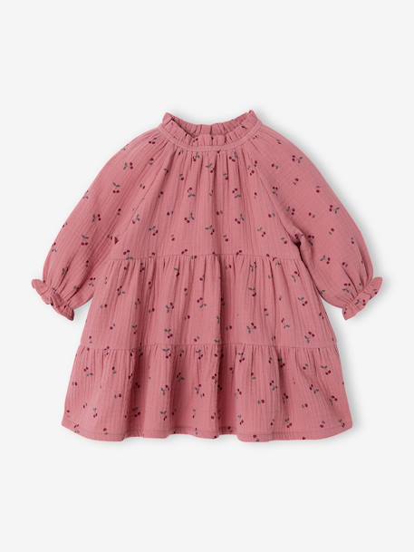 Jurk voor babymeisjes met ruches van katoengaas oudroze+rozen+taupe - vertbaudet enfant 