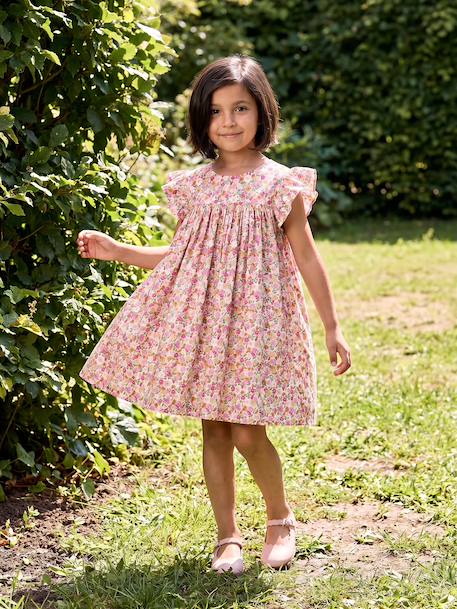 Robe fille imprimée fille manches à volants blanc imprimé+rose pâle+vert émeraude - vertbaudet enfant 