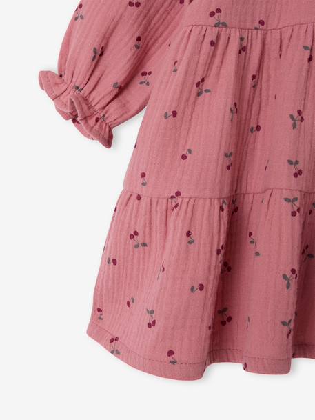 Jurk voor babymeisjes met ruches van katoengaas oudroze+rozen+taupe - vertbaudet enfant 