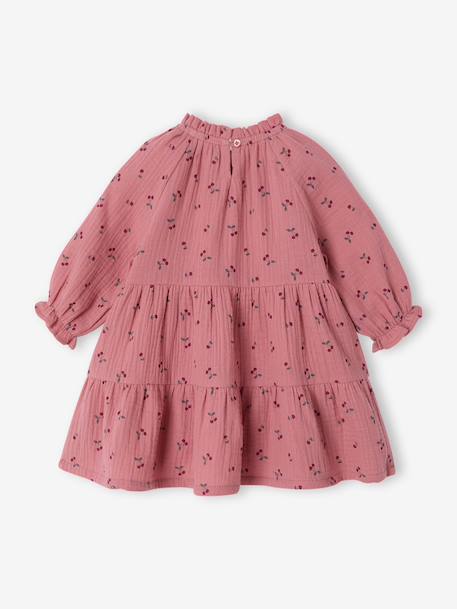 Jurk voor babymeisjes met ruches van katoengaas oudroze+rozen+taupe - vertbaudet enfant 