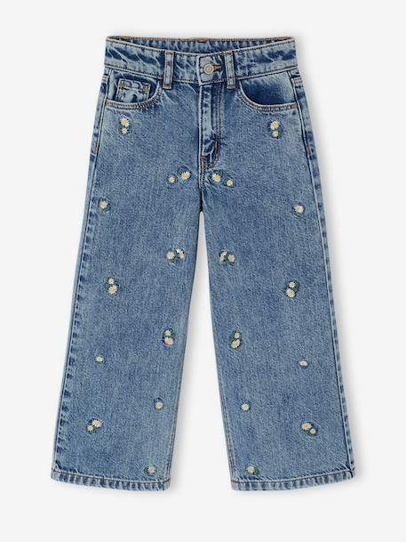 Jean large fille brodé bleu foncé+bleu jean+bleu moyen+denim bleached - vertbaudet enfant 