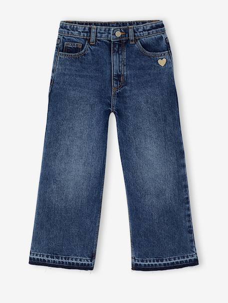 Wijde meisjesjeans met rafels aan de onderkant donkerblauw+gebleekt denim+grijs+stone - vertbaudet enfant 