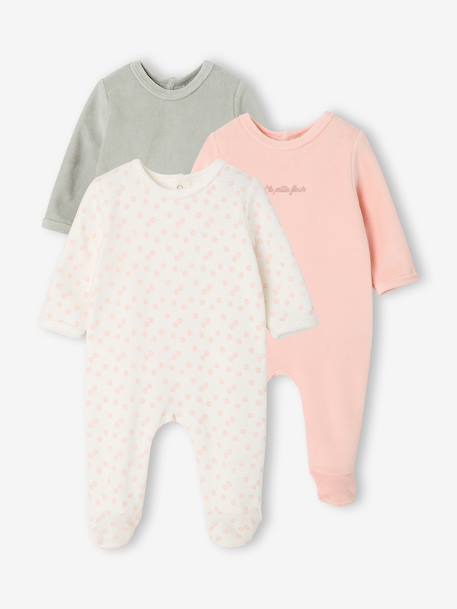 Set van 3 velours babypyjama's gemêleerd beige+gemêleerd grijs+saliegroen - vertbaudet enfant 