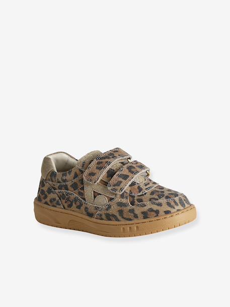 Meisjessneakers leer met klittenband beige+bruin+goudgeel+oudroze - vertbaudet enfant 