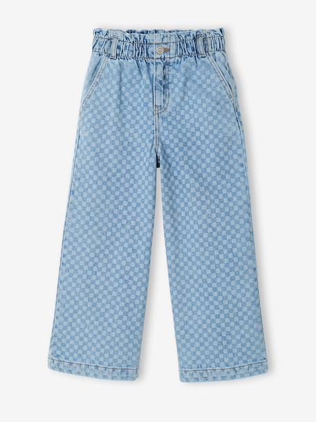 Wijde jeans in paperbagstijl met bloemmotieven voor meisjes denimgrijs+grijs+lichtblauw - vertbaudet enfant 