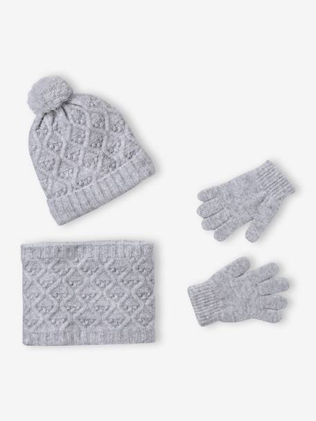Ensemble fille tricot bonnet, snood et gants bleu ciel+gris chiné - vertbaudet enfant 