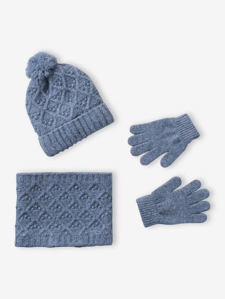 Meisjesset muts, colsjaal en handschoenen gemêleerd grijs+hemelsblauw - vertbaudet enfant 
