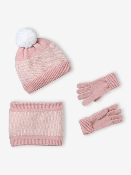 Gebreide meisjesset muts, col en wanten roze (poederkleur) - vertbaudet enfant 