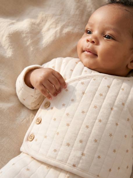 Ensemble matelassé gilet + pantalon à pieds entièrement imprimé écru+rose+vanille - vertbaudet enfant 