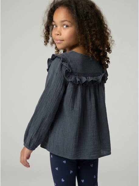 Chemise manches longues fille bleu ardoise+rose poudré+vanille - vertbaudet enfant 