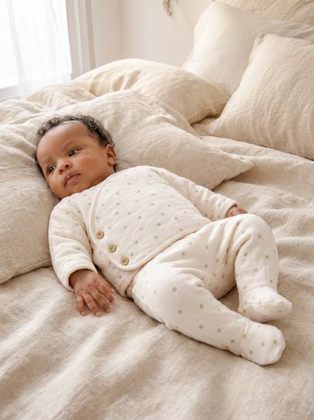 Ensemble matelassé gilet + pantalon à pieds entièrement imprimé écru+rose+vanille - vertbaudet enfant 