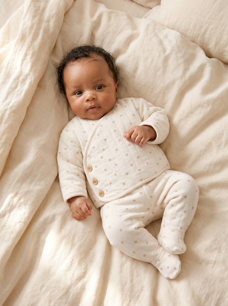 Ensemble matelassé gilet + pantalon à pieds entièrement imprimé écru+rose+vanille - vertbaudet enfant 