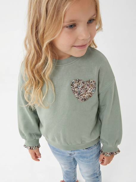 Meisjessweater met hartjespatch groengrijs+marineblauw - vertbaudet enfant 