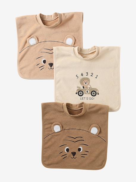 Lot de 3 bavoirs animaux à enfiler caramel+écru+sauge - vertbaudet enfant 