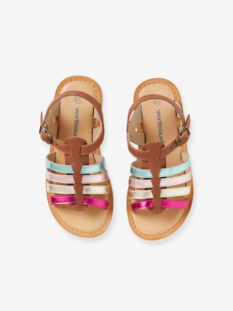 Sandales multi-brides cuir fille collection maternelle MARRON CLAIR UNI AVEC DECOR+multicolore - vertbaudet enfant 