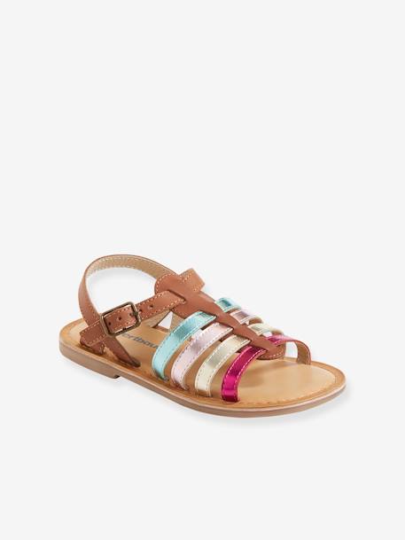 Sandales multi-brides cuir fille collection maternelle MARRON CLAIR UNI AVEC DECOR+multicolore - vertbaudet enfant 