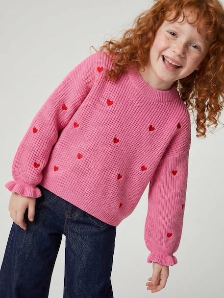 Pull fille manches longues col rond écru+marine+rose - vertbaudet enfant 
