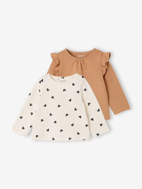 Set van 2 T-shirts baby Basics met lange mouwen hazelnoot+saliegroen - vertbaudet enfant 
