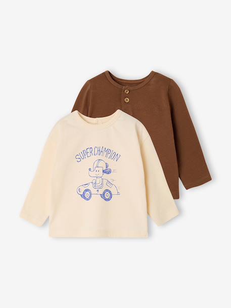Lot de 2 T-shirts bébé garçon manches longues cacao+vert émeraude - vertbaudet enfant 