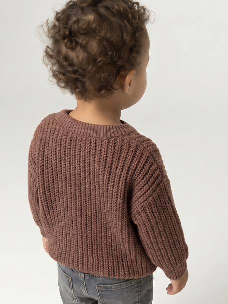 Gilet bébé col V en maille grosse jauge bleu grisé+chocolat - vertbaudet enfant 