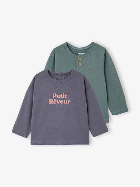 Lot de 2 T-shirts bébé garçon manches longues cacao+vert émeraude - vertbaudet enfant 