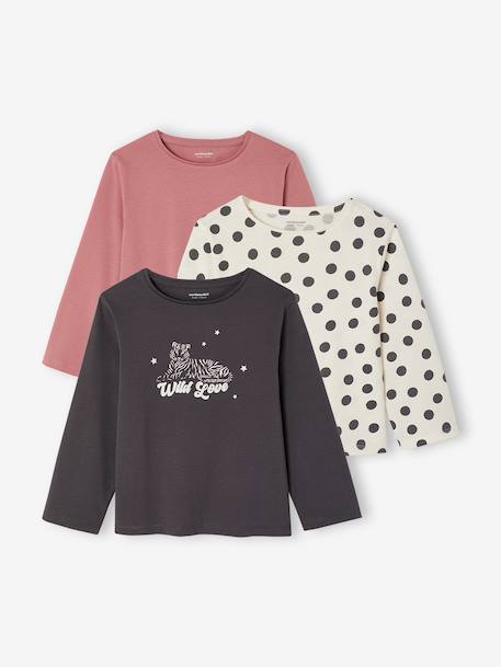 Lot de 3 t-shirts fille fantaisie manches longues anthracite+bleu grisé+corail+écru+indigo+mauve - vertbaudet enfant 