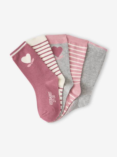 Lot 5 paires de chaussettes coeur fille abricot+beige+bleu chambray+mauve - vertbaudet enfant 