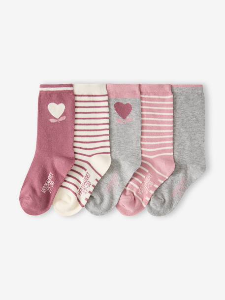 Lot 5 paires de chaussettes coeur fille abricot+beige+bleu chambray+mauve - vertbaudet enfant 