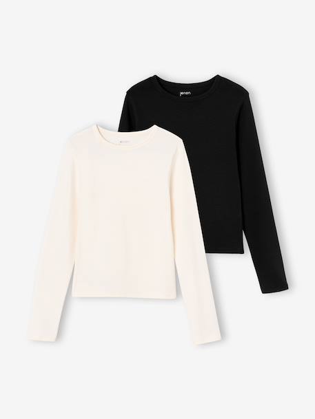 Set van 2 cropped shirts met lange mouwen chocoladebruin+zwart - vertbaudet enfant 