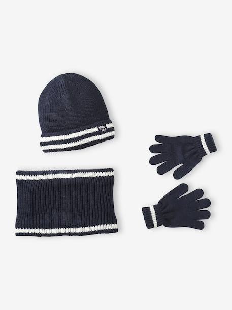 Ensemble garçon bonnet, snood et gants bleu nuit+gris chiné - vertbaudet enfant 