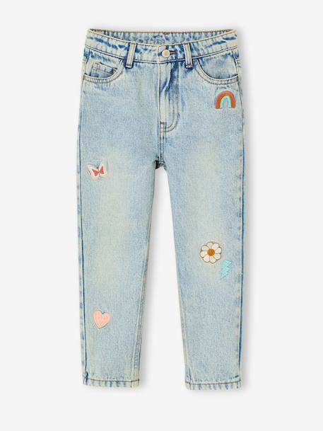 Jean fille mom brodé fleurs bleu+bleu clair+bleu moyen - vertbaudet enfant 