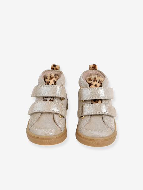 Basket bébé fille cuir à scratchs beige imprimé+jaune d'or - vertbaudet enfant 