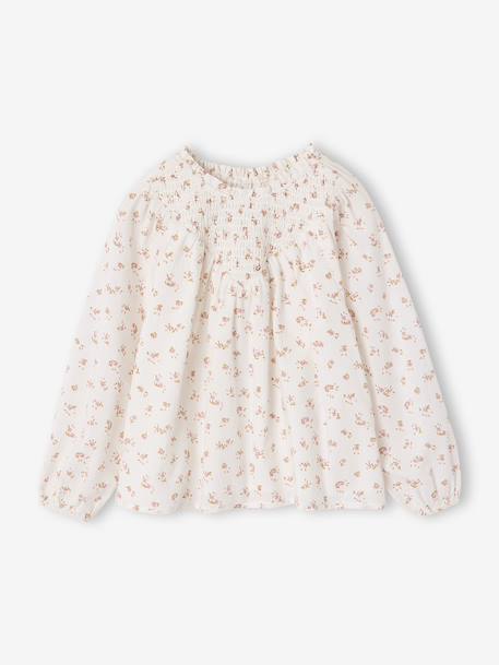 Blouse voor meisjes met gesmokte mouwen ivoor+lichtroze+saliegroen+vanille - vertbaudet enfant 