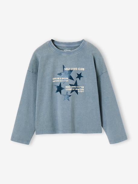 T-shirt met lange mouwen voor meisjes chambrayblauw+oudroze - vertbaudet enfant 