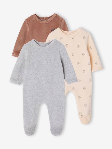 Set van 3 velours babypyjama's gemêleerd beige+gemêleerd grijs+saliegroen - vertbaudet enfant 