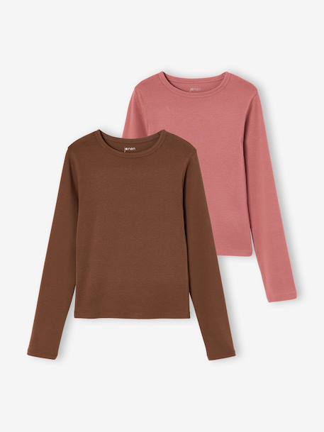Set van 2 cropped shirts met lange mouwen chocoladebruin+zwart - vertbaudet enfant 