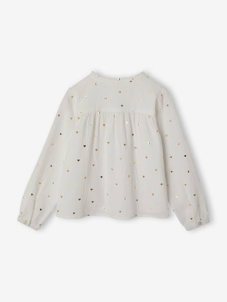 Personaliseerbare meisjesblouse van katoenen gaas chambrayblauw+ecru+goud+wit, bedrukt+zachtpaars - vertbaudet enfant 