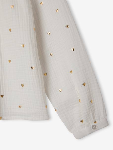 Personaliseerbare meisjesblouse van katoenen gaas chambrayblauw+ecru+goud+wit, bedrukt+zachtpaars - vertbaudet enfant 
