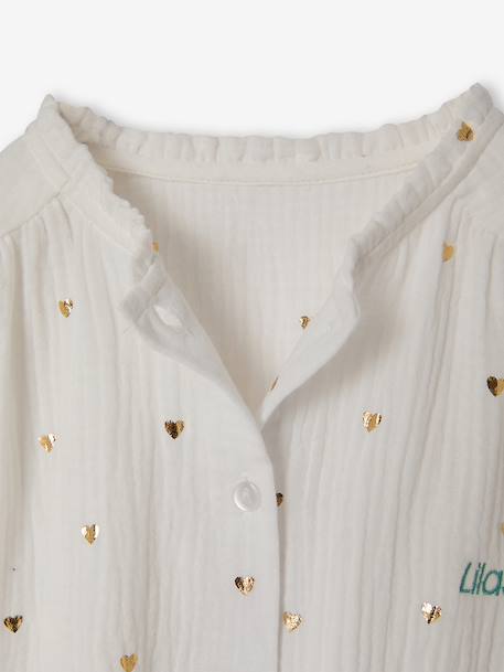 Personaliseerbare meisjesblouse van katoenen gaas chambrayblauw+ecru+goud+wit, bedrukt+zachtpaars - vertbaudet enfant 