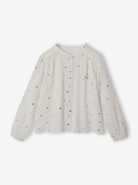 Personaliseerbare meisjesblouse van katoenen gaas chambrayblauw+ecru+goud+wit, bedrukt+zachtpaars - vertbaudet enfant 