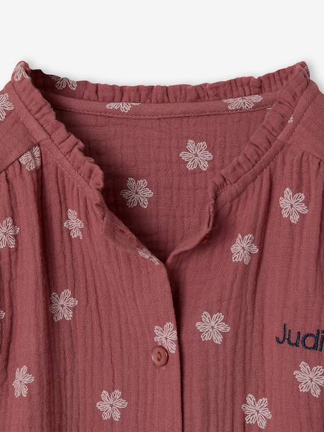 Personaliseerbare meisjesblouse van katoenen gaas chambrayblauw+ecru+wit, bedrukt+zachtpaars - vertbaudet enfant 