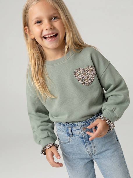 Meisjessweater met hartjespatch groengrijs+marineblauw - vertbaudet enfant 