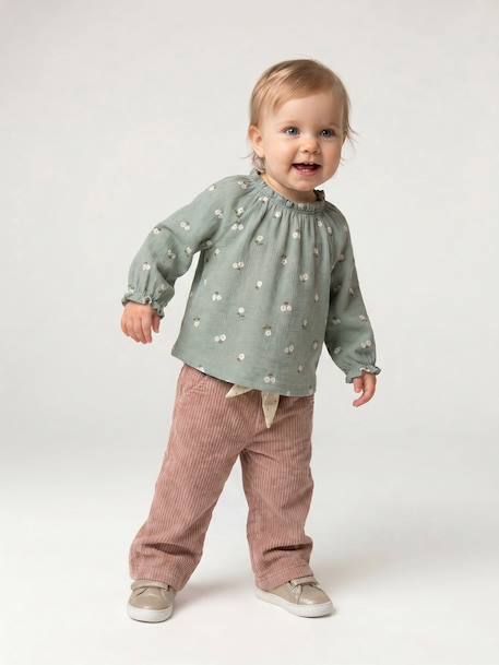 Wijde fluwelen broek met gebloede riem voor baby's beige+oudroze - vertbaudet enfant 