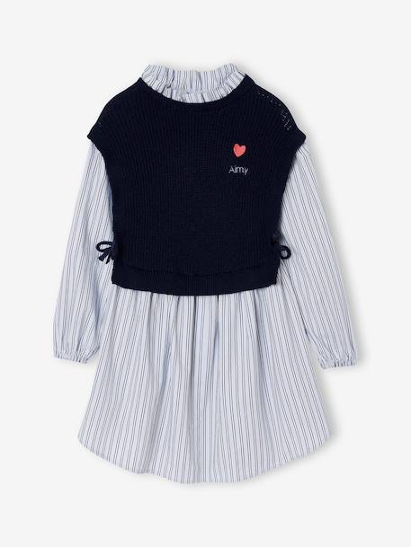 Robe-chemise fille effet 2 en 1 écru+gris chiné+marine - vertbaudet enfant 