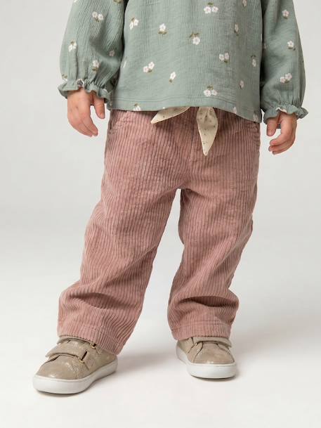 Wijde fluwelen broek met gebloede riem voor baby's beige+oudroze - vertbaudet enfant 