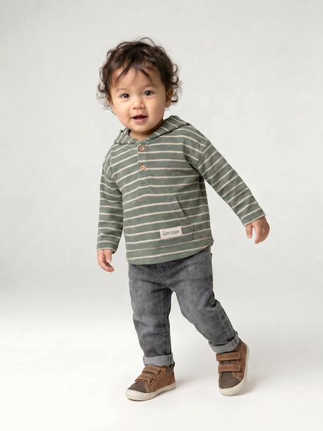 Gestreept T-shirt met capuchon jongensbaby groen+ijsblauw+terracottategel+zandbeige - vertbaudet enfant 