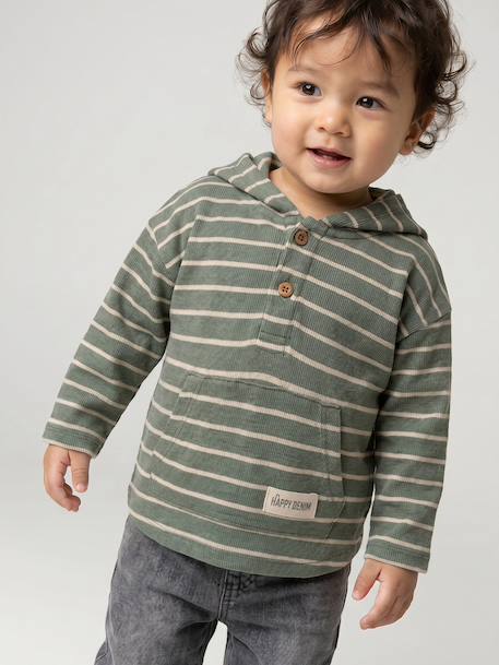 Gestreept T-shirt met capuchon jongensbaby groen+ijsblauw+terracottategel+zandbeige - vertbaudet enfant 