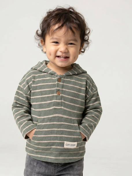 Gestreept T-shirt met capuchon jongensbaby groen+ijsblauw+terracottategel+zandbeige - vertbaudet enfant 