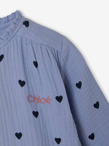 Personaliseerbare meisjesblouse van katoenen gaas chambrayblauw+ecru+wit, bedrukt - vertbaudet enfant 