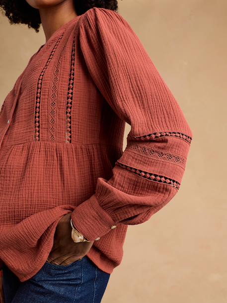 Zwangerschaps- en borstvoedingsblouse in macramé kant ENVIE DE FRAISE terracotta+wit - vertbaudet enfant 